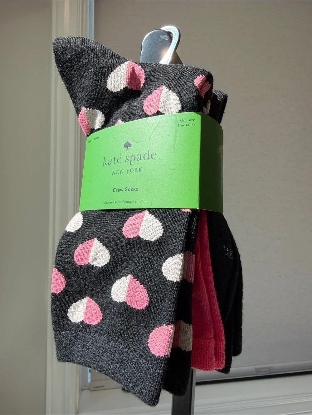 kate spade Black Crew Socks with Pink Heart Motif - 3 Pack